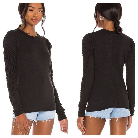 Free People Natasha Ruffle Top Ruched Long Sleeves  Dark charcoal black gray - Picture 1 of 3